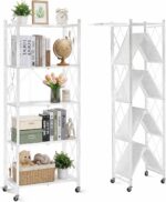 Toshionics 5 Tier Foldable Storage Shelves with Wheels [Heavy Duty] Metal Shelving unit - Kitchen Cabinet Self Storage Multipurpose Rack Book shleves Garage Easy Assembly 160x38x71 cm - White