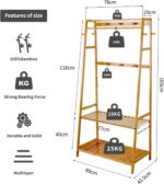 medla Bamboo Clothes Hanging Rack: Storage Clothing Stand with 2-Tier Shelf Free Standing Garment Rack Open Wardrobe with Hooks for Living Room Bedroom - Image 5