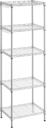 SONGMICS Kitchen Shelf, Metal Shelves, 5-Tier Wire Shelving Unit with 8 Hooks, Narrow Storage Rack with PP Shelf Liners, Height-Adjustable, for Bathroom, Silver ULGR115E01, 11.8”D x 15.7”W x 47.6”H