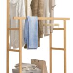 medla Clothing Rail with Wheels: Rolling Clothes Hanger Stand Double Rod Portable Clothes Rack on Wheels with Bottom Shelf for Shoe Storage Wooden Standing Garment Organizer for Bedroom Balcony
