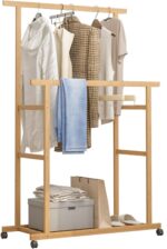 medla Clothing Rail with Wheels: Rolling Clothes Hanger Stand Double Rod Portable Clothes Rack on Wheels with Bottom Shelf for Shoe Storage Wooden Standing Garment Organizer for Bedroom Balcony