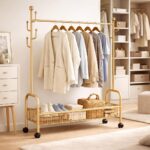 XVersion 120 cm Clothes Rack with Wheels, Metal Garment Rack with Bottom Storage Basket and Side Hooks for Bedroom, Laundry Room and Entryway, Gold - Image 7