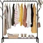 Black Metal Clothes Rack, Portable Single Pole Bedroom Clothing Rack with Wheels, Rod and Lower Storage Shelf for Indoor Use