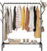 Black Metal Clothes Rack, Portable Single Pole Bedroom Clothing Rack with Wheels, Rod and Lower Storage Shelf for Indoor Use