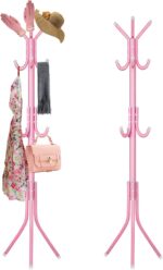 Swpeet 1 Pack 68'' Coat Rack, Freestanding Hat Rack, Clothing Rack, Metal Coat Tree Stand Kit Contains 11 Hook 2 Tube 22 Pipe Sleeve 22 Screw 22 Gasket 1 Pipe Plug 1 Hex Wrench for Jacket, Bag, Pink