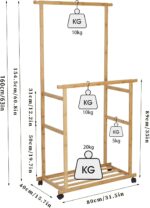 medla Clothing Rail with Wheels: Rolling Clothes Hanger Stand Double Rod Portable Clothes Rack on Wheels with Bottom Shelf for Shoe Storage Wooden Standing Garment Organizer for Bedroom Balcony - Image 5
