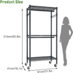 Wire Garment Rack, Heavy Duty Rolling Clothes Rack for Hanging Clothes, 3 Tiers Adjustable Metal Clothing Rack with Storage Shelves and Lockable Wheels (Black, 81 x 41 x 210 cm) - Image 3