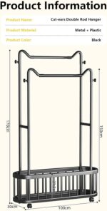 Double Rod Metal Clothes Rack with Wheels & Storage Basket, Heavy Duty Freestanding Garment Rack with Side Hooks, Rolling Coat Rack Organizer for Bedroom Laundry Room Home Storage - Image 8