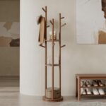 Solid Wood Rotary Coat Rack, Freestanding Coat Rack with 3 Shelves and 9 Hooks, Coat tree for Bedroom Entryway Livingroom Coat Hanger Stand for Coats Scarves, Handbags (Walnut)