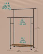 SONGMICS HSR152B01 Coat Rack with Wheels, Double Bar Coat Rack with Shelf, 98.5 cm Wide, 100 kg Total, Steel Frame, Rustic Brown and Black Ink - Image 4