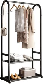 Freestanding Clothing Rack,Metal Garment Rack with Bottom Shelves and 6 Side Hooks,Black sturdy clothes racks for hanging clothes,Modern Wardrobe Organizer for Bedroom or Closet (L:31.5IN) - Image 9