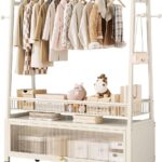 Freestanding Coat Rack with Storage Cabinet, Metal Garment Rack with Lockable Wheels & Wire Mesh Shelf Portable Closet Organizer Hanger Stand for Bedroom, Living Room, Cream White - 120cm