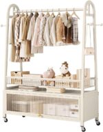 Freestanding Coat Rack with Storage Cabinet, Metal Garment Rack with Lockable Wheels & Wire Mesh Shelf Portable Closet Organizer Hanger Stand for Bedroom, Living Room, Cream White - 120cm