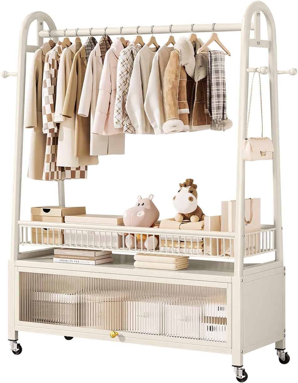 61Nn6BPoLYL._AC_SL1300_.jpg Freestanding Coat Rack with Storage Cabinet, Metal Garment Rack with Lockable Wheels & Wire Mesh Shelf Portable Closet Organizer Hanger Stand for Bedroom, Living Room, Cream White - 120cm - Image 1