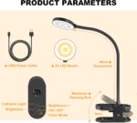 61 LED Rechargeable Reading Lamp, 3 Color Modes & 10 Brightness Levels, 2000mAh Clamp Lamp with USB-C, 40CM Flexible Gooseneck, Cordless Book Lamp Clamp Light for Bed, Table, Desk - Black - Image 8