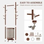 CycleCrew Solid Wood Coat Rack with Fabric Basket - Coat Hanger Stand Coat Tree Rack Freestanding with 9 Hooks Wheels, Small Clothes Rack For Entryway Bedroom Hallway Living Room - Image 9