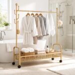 XVersion 120 cm Clothes Rack with Wheels, Metal Garment Rack with Bottom Storage Basket and Side Hooks for Bedroom, Laundry Room and Entryway, Gold - Image 5