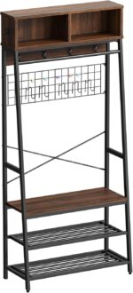 Bestier LED Clothes Rack with Shoe Bench, 4-in-1 Clothes Hanger Stand with Storage Cubes, Industrial Coat Rack with Hooks & Grid Board, Freestanding Cloth Hanger for Entryway Bedroom, Walnut - Image 9