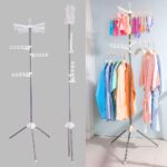 BAOYOUNI Collapsible Clothes Drying Rack Foldable Tripod Coat Hanger Corner Garment Storage Shelf Stand Portable Laundry Organizer Indoor Outdoor with 3 Arms and 24 Clothespins - Ivory - Image 5