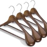 HOUSE DAY 4-Pack Wide Shoulder Wooden Hangers,Walnut Suit Hangers with Non Slip Pants Bar, Smooth Finish 360° Swivel Hook Solid Wood Coat Hangers for Dress, Jacket, Pants, Heavy Clothes Hangers