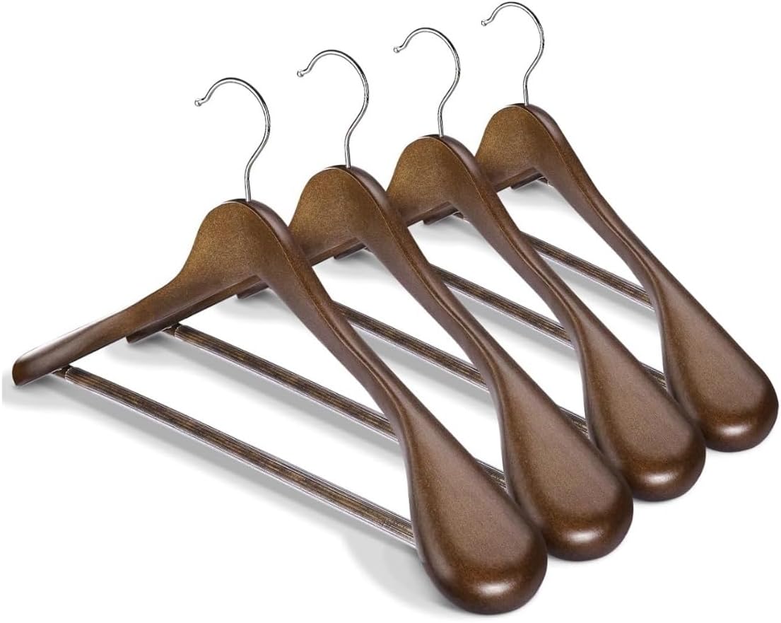 61U07stKzL._AC_SL1280_.jpg HOUSE DAY 4-Pack Wide Shoulder Wooden Hangers,Walnut Suit Hangers with Non Slip Pants Bar, Smooth Finish 360° Swivel Hook Solid Wood Coat Hangers for Dress, Jacket, Pants, Heavy Clothes Hangers - Image 1