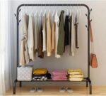 Clothing Garment Rack with Shelves, Metal Cloth Hanger Rack Stand Clothes Drying Rack for Hanging Clothes, Shirt Towel Rack and Lower Storage Shelf for Boxes Shoes Boots.