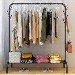Clothing Garment Rack with Shelves, Metal Cloth Hanger Rack Stand Clothes Drying Rack for Hanging Clothes, Shirt Towel Rack and Lower Storage Shelf for Boxes Shoes Boots.