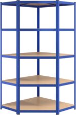 Brokky 5-Layer Corner Shelf Blue Steel&Engineered Wood-Garage Shelves Metal Storage Shelves,Heavy Duty Shed Storage Racking for Warehouse Workshop Office - Image 4