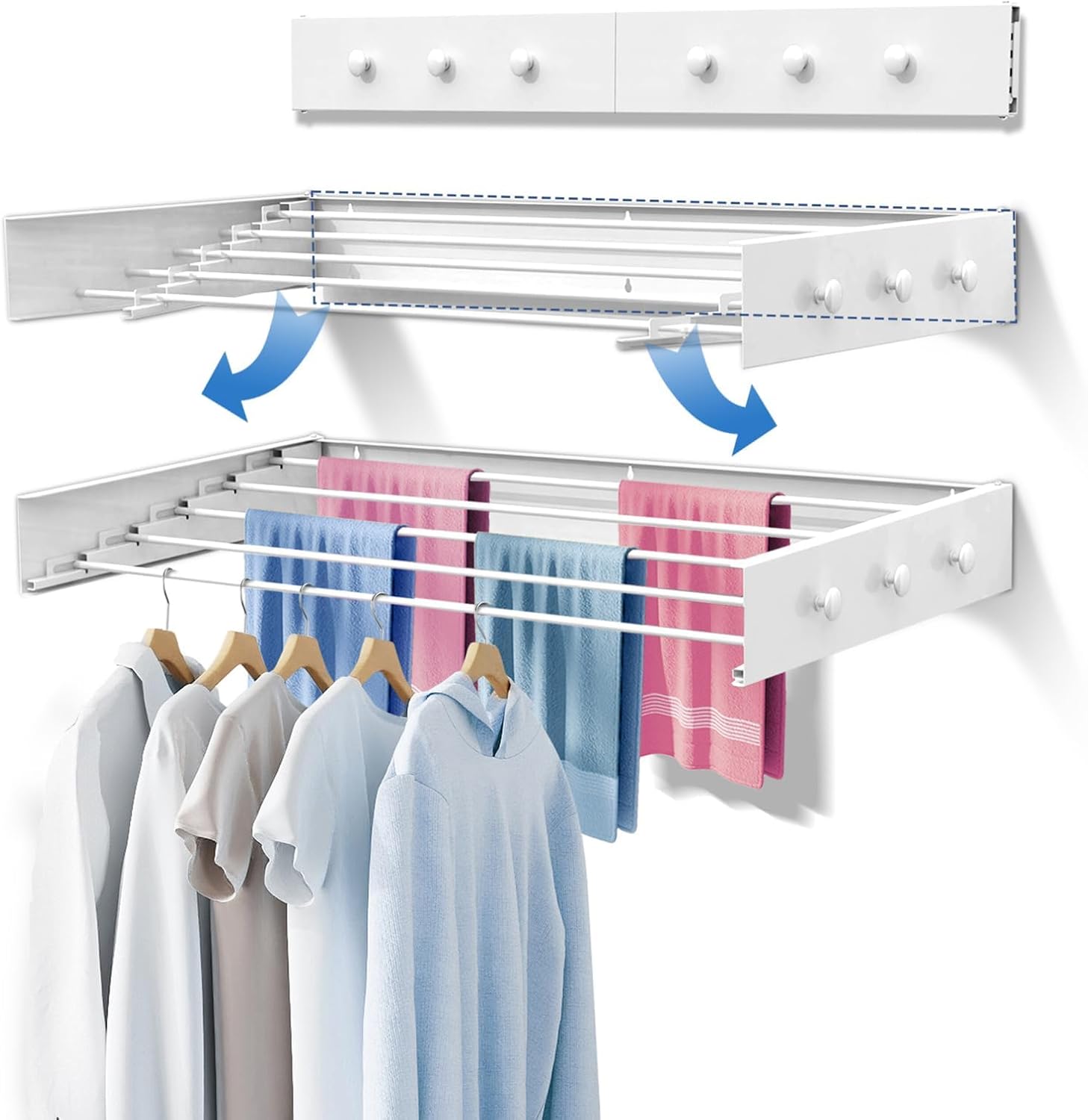 61W4PgzbzlL._AC_SL1500_.jpg Wall Mounted Drying Rack with 6 Knobs, Space-Saving Foldable Laundry Rack, 31.5 Inch Collapsible Clothes Dryer with 5 Extendable Rods, Ideal for Indoor Clothing and Towel Drying - Image 1