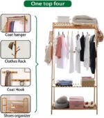 medla Bamboo Clothes Hanging Rack: Storage Clothing Stand with 2-Tier Shelf Free Standing Garment Rack Open Wardrobe with Hooks for Living Room Bedroom - Image 7