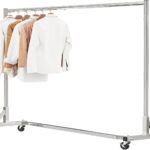 Simple Trending Industrial Grade Z Base 70in extra long Clothes Garment Rack, Commercial Grade Rolling Clothing Rack, Heavy Duty 450lb Load with Wheels, Chrome