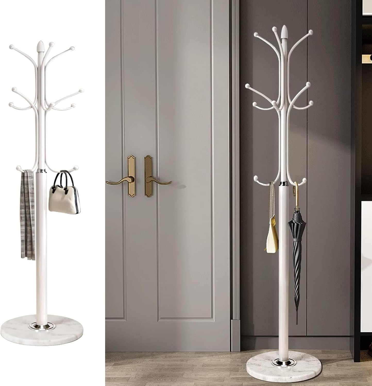 61ZWYpfYUwL._AC_SL1500_.jpg Jorunb Coat Hanger Stand Bedroom Clothes Hanger Stand Metal Coat Rack Stand Free Standing Hall Tree for Hanging Scarf, Bag, Jacket, Home Entry-way Hat Hanger Organizer (small, white) - Image 1