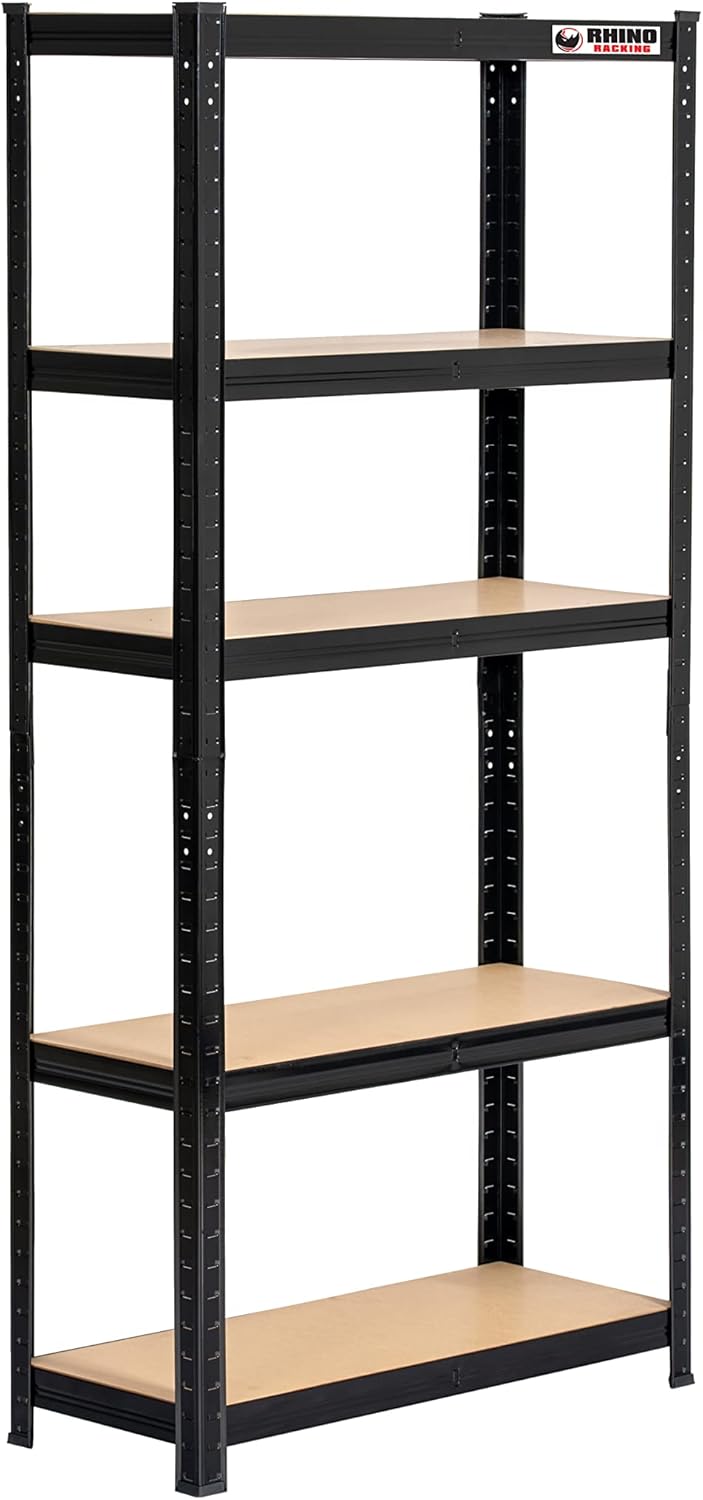 61ZfVAoCJ2L._AC_SL1500_.jpg Rhino Racking Heavy-Duty Garage Shelving unit – 5-Tier Steel Storage Shelves, Boltless Shelves, Industrial Shelving, Black, 200kg Per-Tier, 150x75x30cm - Image 1