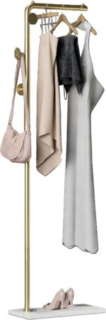 HKaikzo Coat Rack Stand, Gold Clothing Rack Freestanding with Satin Steel Finish and Natural Stable Marble Base, for Coats, Hats, Scarves, Clothes, and Handbags be Applicable Home Bedroom Hotel Hall