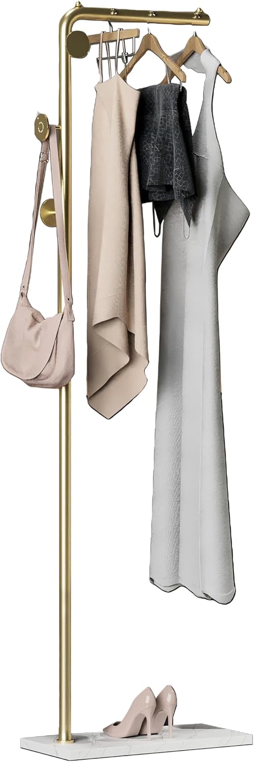 61ZfZ7JcfjL._AC_SL1500_.jpg HKaikzo Coat Rack Stand, Gold Clothing Rack Freestanding with Satin Steel Finish and Natural Stable Marble Base, for Coats, Hats, Scarves, Clothes, and Handbags be Applicable Home Bedroom Hotel Hall - Image 1