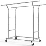 HOKEEPER 400 lbs Load Capacity Commercial Grade Clothing Garment Racks Heavy Duty Double Rails Adjustable Collapsible Rolling Clothes Rack on Wheels, Chrome Finish