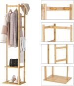 medla Bamboo Clothes Hanger Stand: Wood Cloth Rack with 3 Hanging Hooks and 2 Tier Shoe and Bag Storage Shelves Free Standing Coat Organizer for Hallway Home Office - Image 6