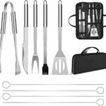 PINKE BBQ Grill BBQ Accessories, 9 Pieces Stainless Steel Grill Utensil Tools Grilling Accessories Barbecue Grill Accessories with Canvas Bag for Outdoor Grill, Camping Party