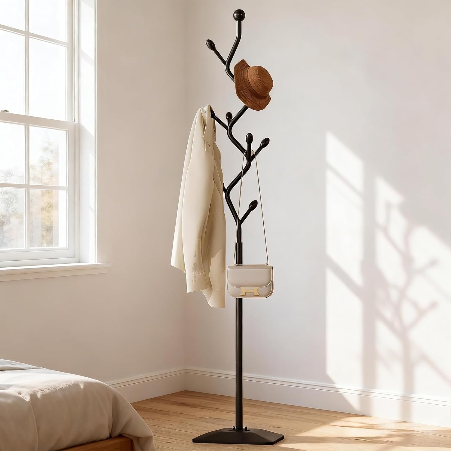 61eMhAItaJL._AC_SL1500_.jpg Tree-shaped coat rack stand,Metal coat tree with 8 Hooks and sturdy cast iron base,Heavy Duty coat rack freestanding coat hanger stand for Clothes Hats Scarfs Purses (black) - Image 1