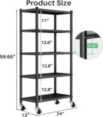 5 Tier Adjustable Storage Shelves, Heavy Duty Metal Storage Rack with Wheels, Shelving Units Utility Shelf for Kitchen, Pantry, Bathroom, Garage, Office Organization and Storage, Black, 13"x24"x59.7" - Image 2