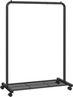SONGMICS Clothes Rack with Wheels, Garment Rack, with Dense Mesh Shelf, 2 Brakes, Sturdy Steel Frame, Black UHSR25BK