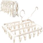 COOLive Foldable Clothes Drying Rack with 32 Drying Clips Wind-Proof Hook Underwear Hanger Plastic Laundry Clip for Socks Bras (White)