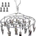 Funamily Stainless Steel Laundry Drying Rack Clothing Sock Drip Clothes Drying Hanger with 24 Clips, Swivel Windproof Hook Round Heavy Duty Underwear Hanger for Indoor Outdoor Wet and Dry (Grey)