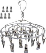 Funamily Stainless Steel Laundry Drying Rack Clothing Sock Drip Clothes Drying Hanger with 24 Clips, Swivel Windproof Hook Round Heavy Duty Underwear Hanger for Indoor Outdoor Wet and Dry (Grey)