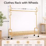 XVersion 120 cm Clothes Rack with Wheels, Metal Garment Rack with Bottom Storage Basket and Side Hooks for Bedroom, Laundry Room and Entryway, Gold - Image 6
