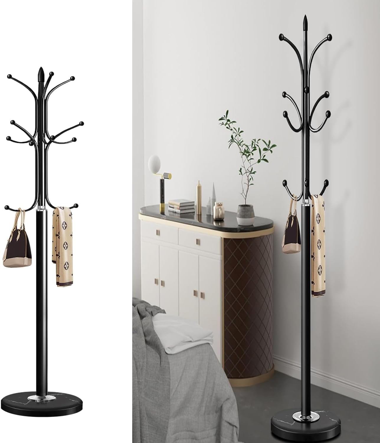 61gUX21MugL._AC_SL1500_.jpg Jorunb Coat Hanger Stand Bedroom Clothes Hanger Stand Metal Coat Rack Stand Free Standing Hall Tree for Hanging Scarf, Bag, Jacket, Home Entry-way Hat Hanger Organizer (small, black) - Image 1