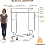 Garment Rack, Stainless Steel Clothes Organizer with Wheels, Double Rod Clothing Rack for Hanging Clothes (Silver, 130 x 55 x 160 CM) - Image 3