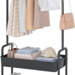 ANTOLE 2-in 1 Garment Rack, Clothing Rack with 2 Tier Metal Basket, Rolling Storage Cart Clothes Organizer Coat Rack Storage Stand on Wheels, Clothes Rack,Heavy Duty Clothing Rack (Black)