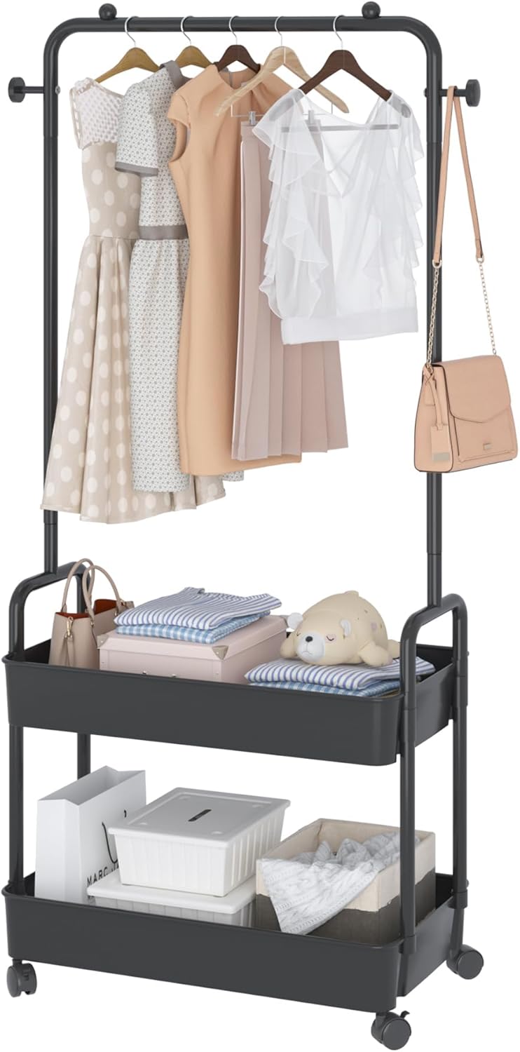 61i7wdvO9sL._AC_SL1500_.jpg ANTOLE 2-in 1 Garment Rack, Clothing Rack with 2 Tier Metal Basket, Rolling Storage Cart Clothes Organizer Coat Rack Storage Stand on Wheels, Clothes Rack,Heavy Duty Clothing Rack (Black) - Image 1