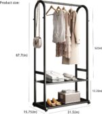 Freestanding Clothing Rack,Metal Garment Rack with Bottom Shelves and 6 Side Hooks,Black sturdy clothes racks for hanging clothes,Modern Wardrobe Organizer for Bedroom or Closet (L:31.5IN) - Image 2